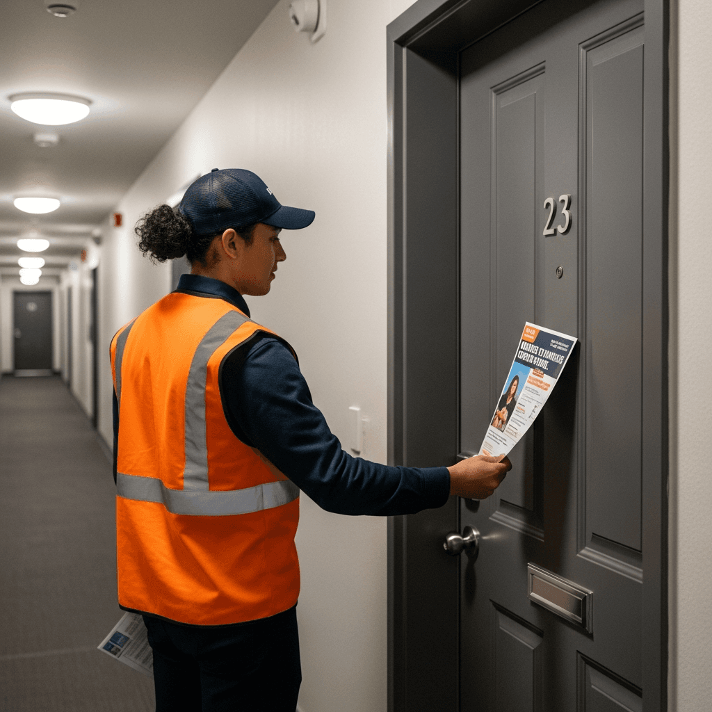Worker in safety vest delivering flyer to apartment door