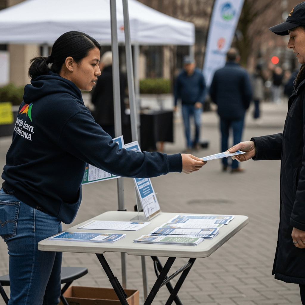 Woman at outdoor event booth handing a flyer to visitor