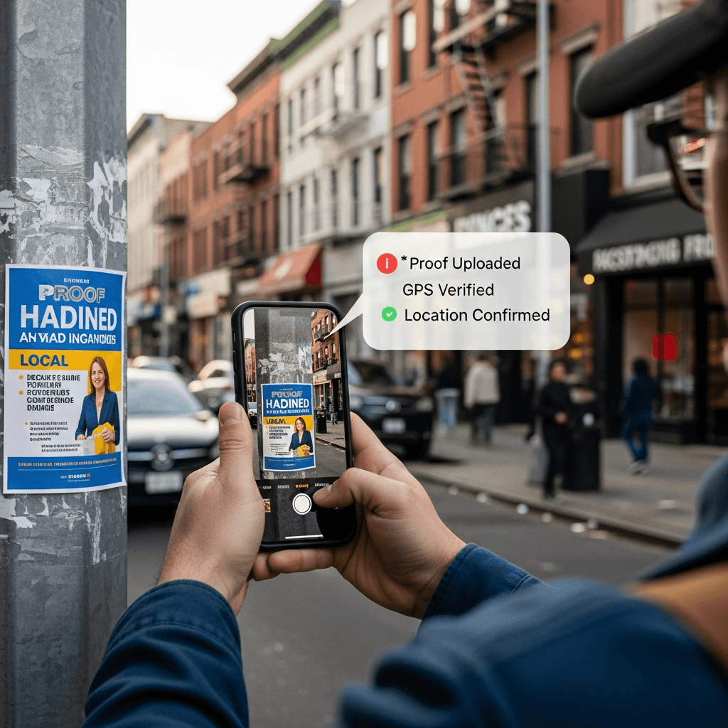 A worker photographing a posted flyer as proof of delivery