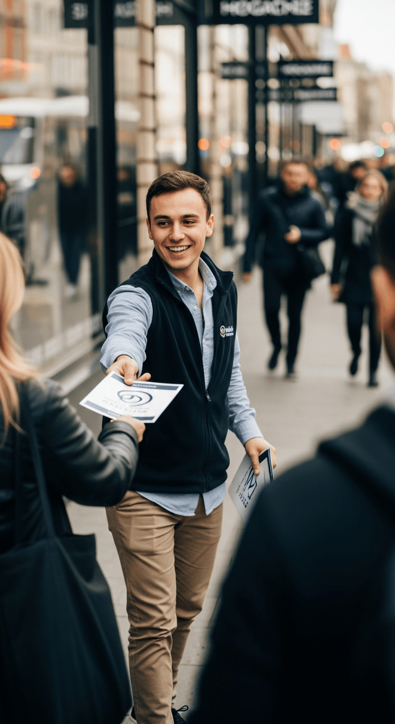 Man handing out flyers to people on a busy street