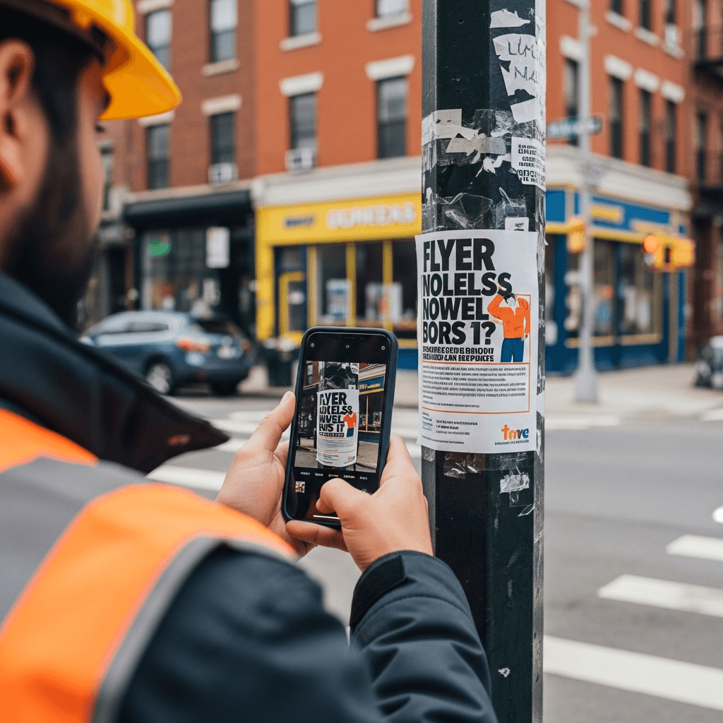 Worker photographing a posted flyer on a street pole