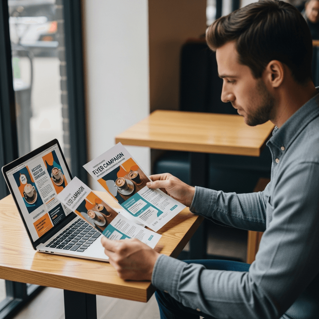 Person reviewing flyer campaign results on laptop