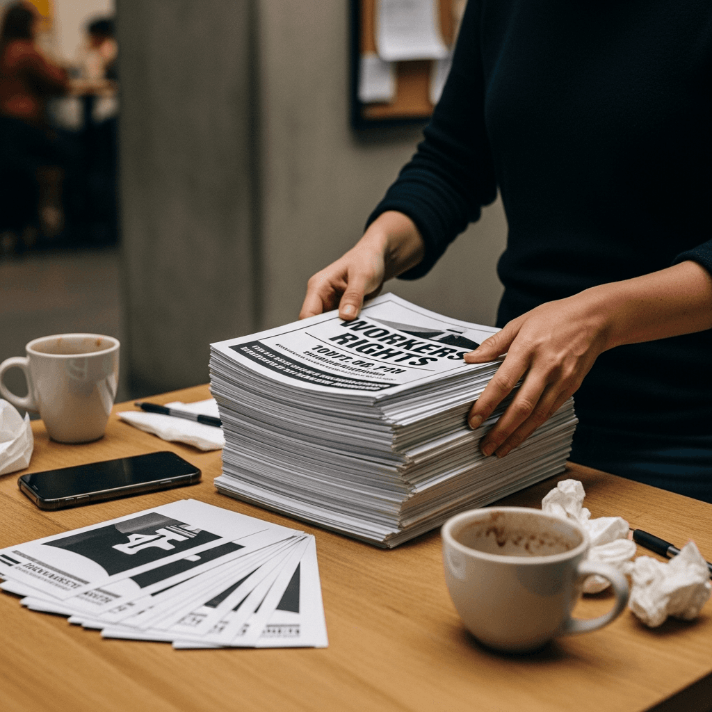 Person organizing large stacks of printed flyers for distribution