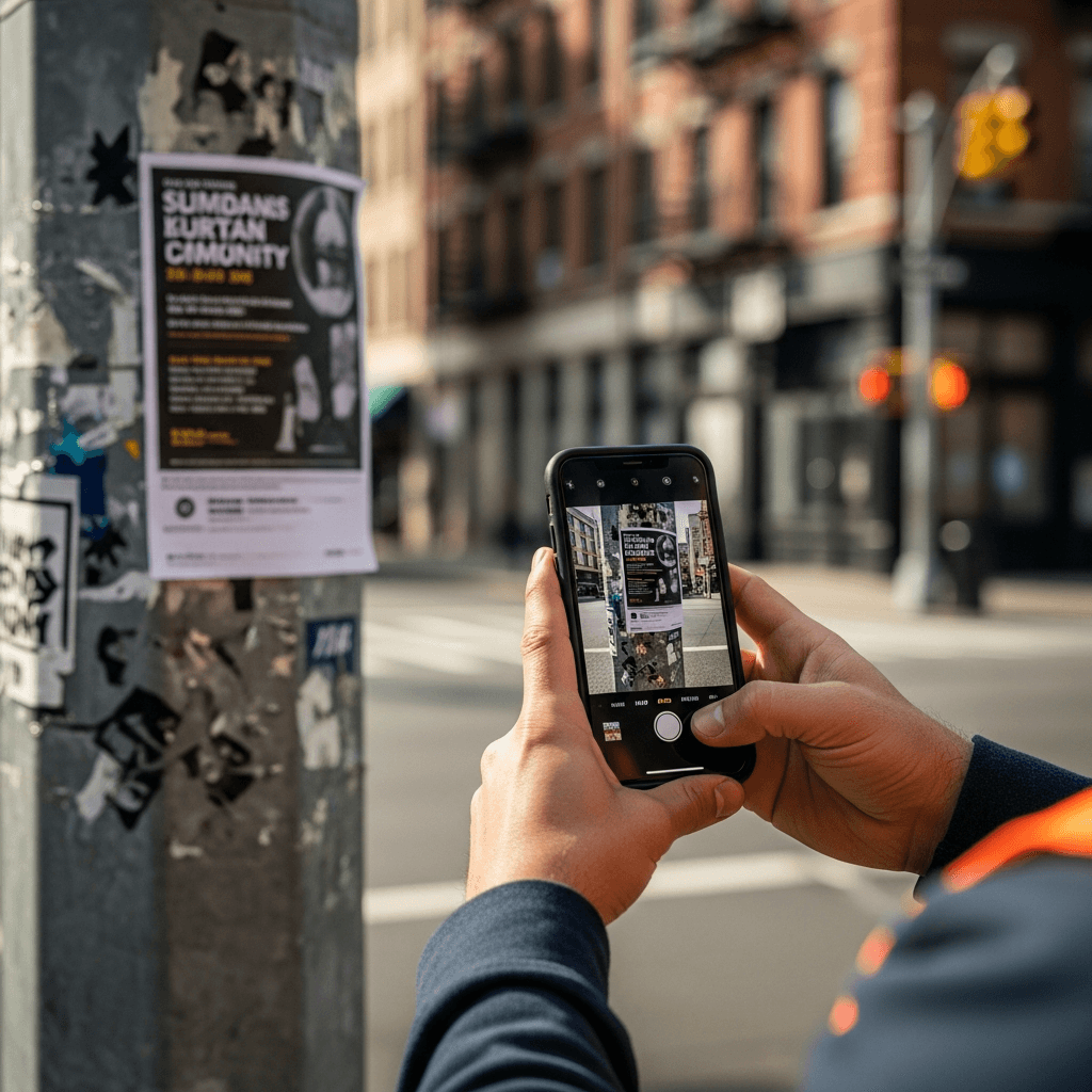 Close-up of worker taking photo proof of a posted flyer
