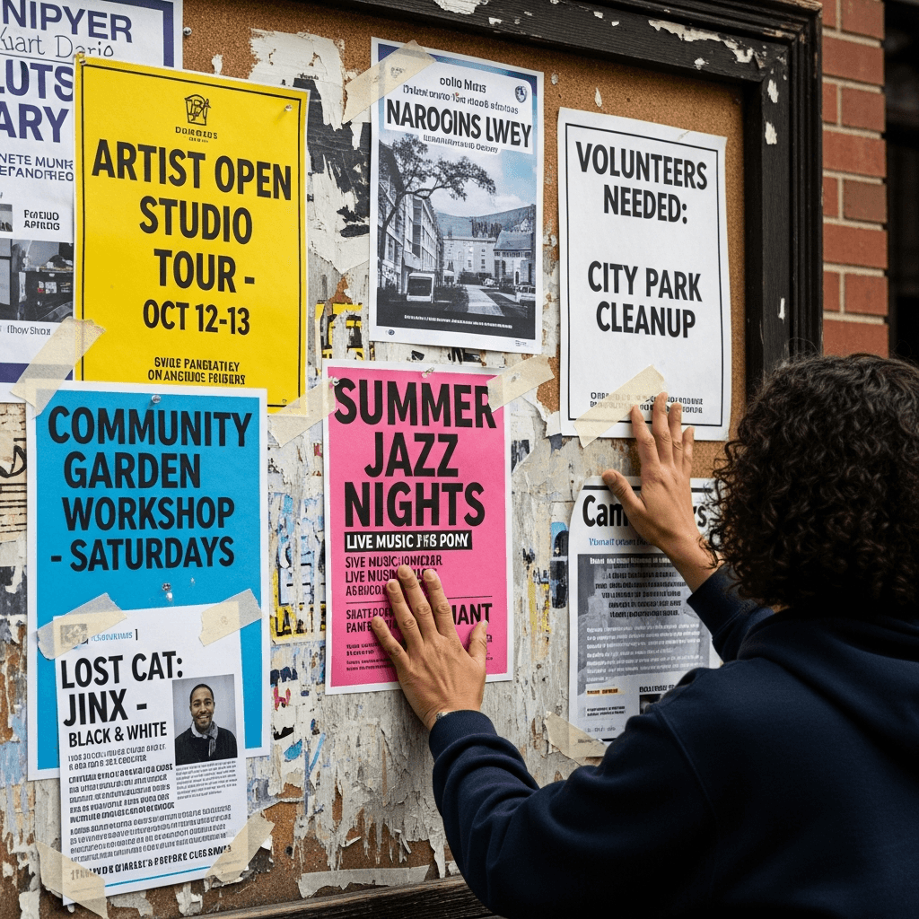 Worker posting flyers on a community wall