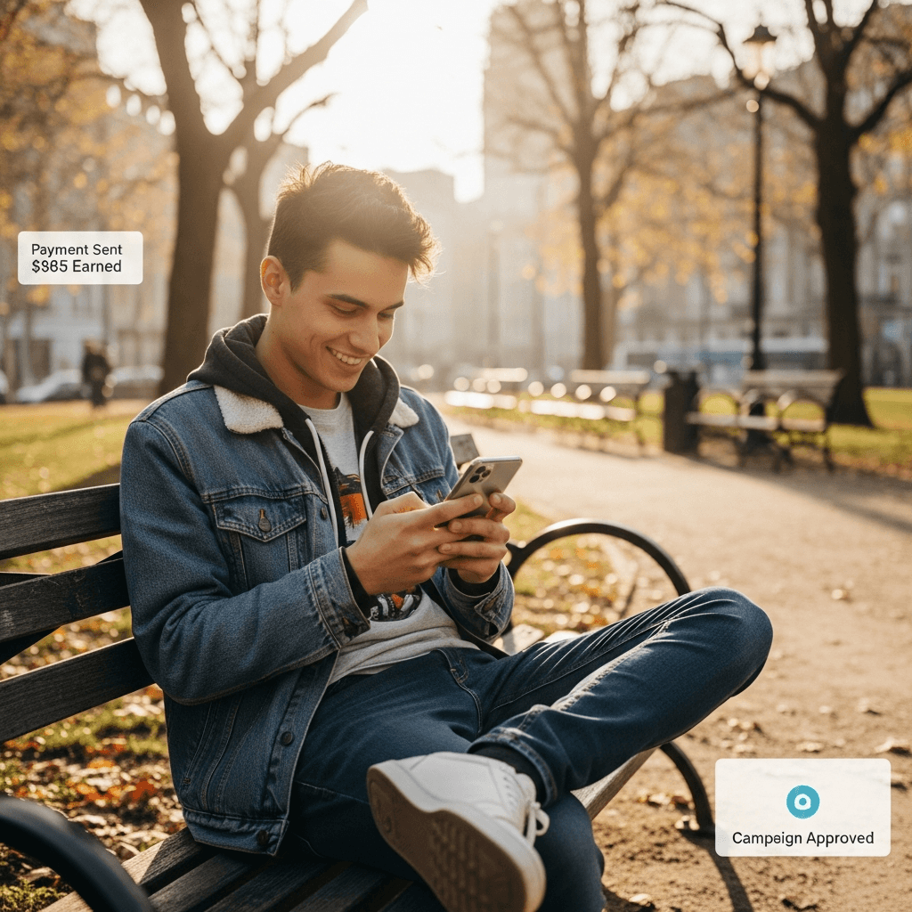 Worker receiving payment notification — $585 earned