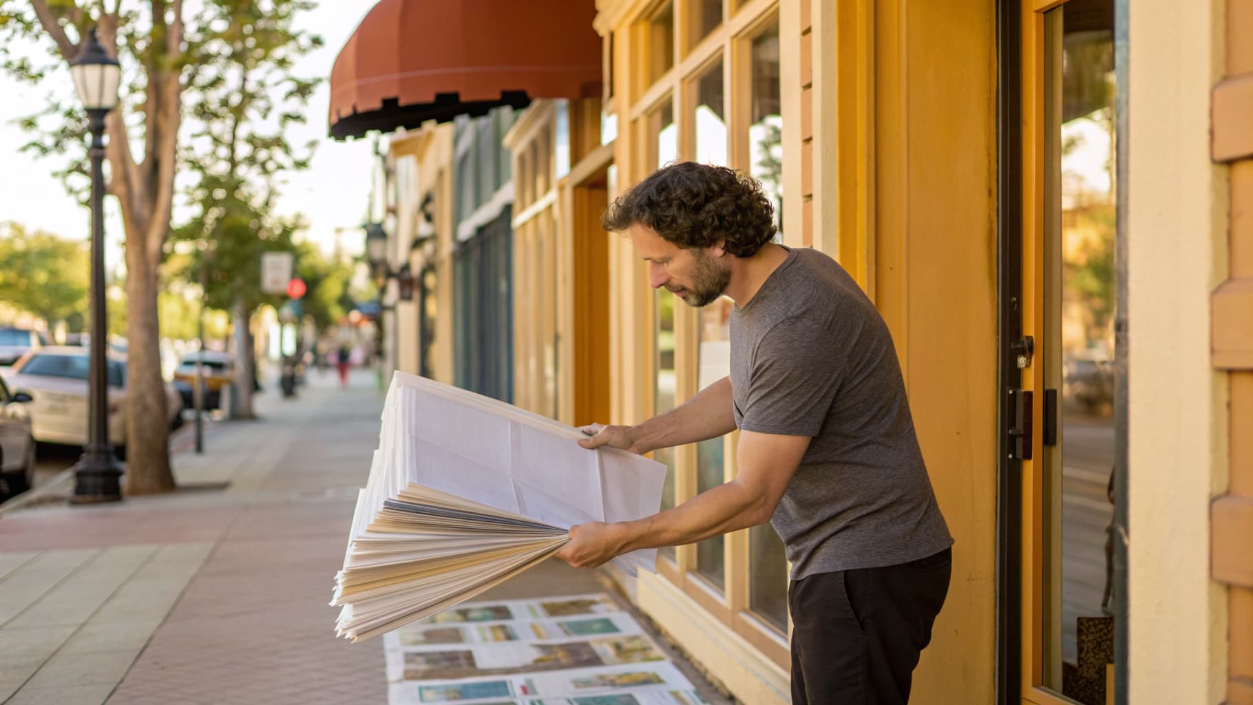 A local business owner preparing flyers for distribution