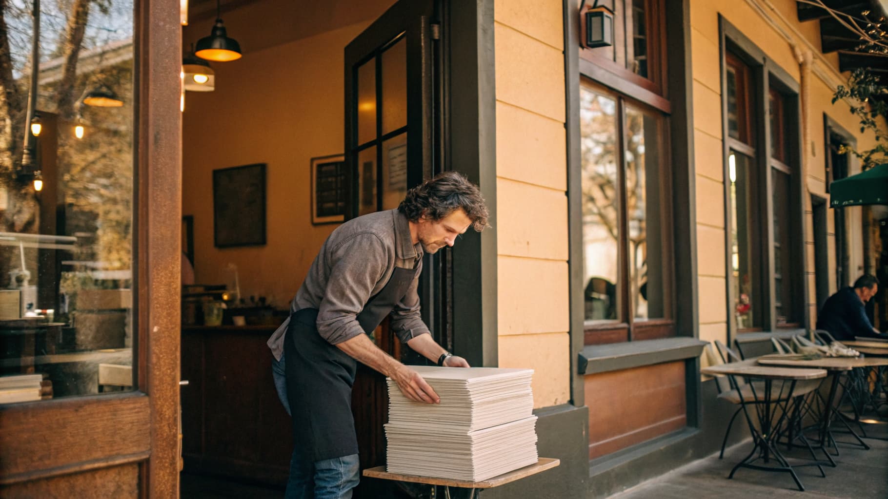 A local business owner preparing flyers for distribution